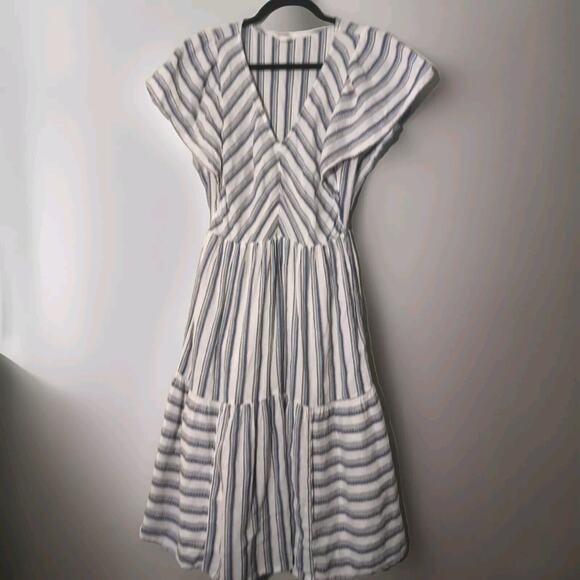 CASLON Nordstrom Ivory Navy Metallic Stripe Flounce Hem Woven Boho Dress S - Picture 1 of 5